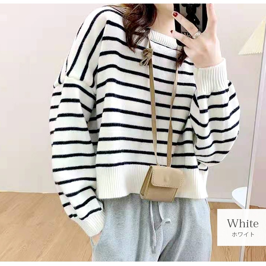 ニット バックボタン ショート丈 長袖 ボーダー 韓国ファッション 韓国 トップス 秋服 カジュアル 大人 プチプラ 春 秋 新作 ブラック 黒 ホワイト 白 ピンク ベージュ ネイビー 紺 ブラウン 茶 フリーサイズ JOCOSA 7043