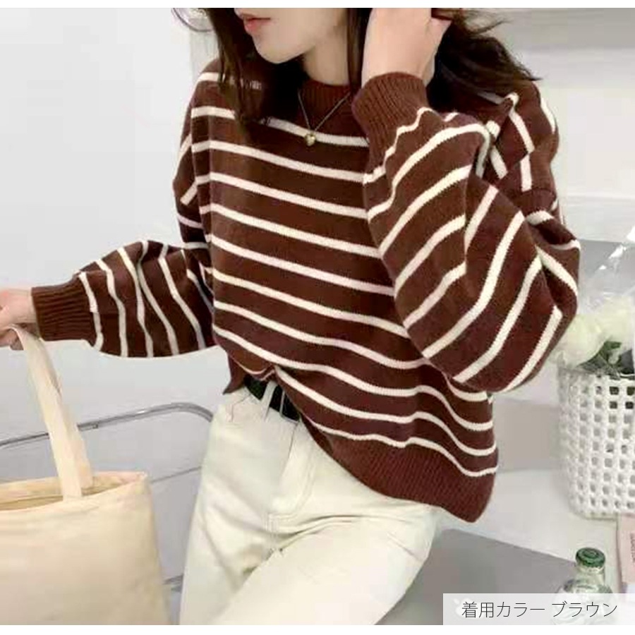 ニット バックボタン ショート丈 長袖 ボーダー 韓国ファッション 韓国 トップス 秋服 カジュアル 大人 プチプラ 春 秋 新作 ブラック 黒 ホワイト 白 ピンク ベージュ ネイビー 紺 ブラウン 茶 フリーサイズ JOCOSA 7043