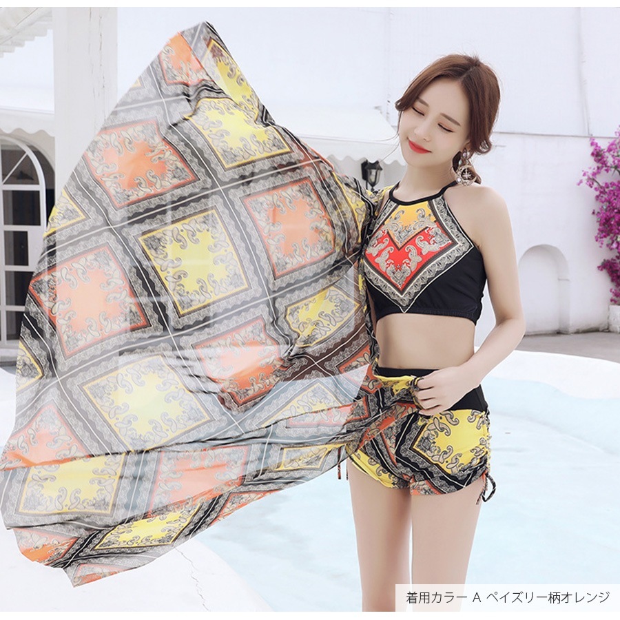 水着 体型カバー 韓国ファッション 夏 セクシー パレオ スカート キャミソール ショートパンツ ペイズリー柄 バッククロス 背中見せ パット付き カップ付き 大人 おしゃれ レディース 春 秋 新作 オレンジ レッド M L JOCOSA 9803
