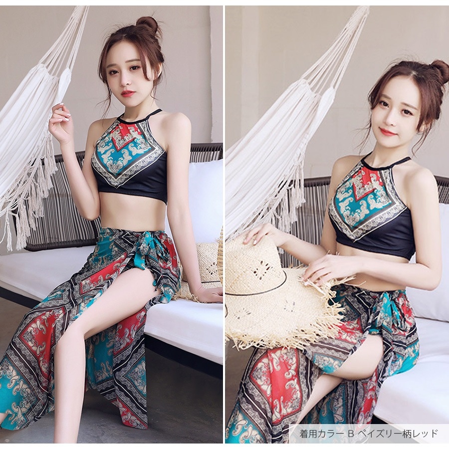 水着 体型カバー 韓国ファッション 夏 セクシー パレオ スカート キャミソール ショートパンツ ペイズリー柄 バッククロス 背中見せ パット付き カップ付き 大人 おしゃれ レディース 春 秋 新作 オレンジ レッド M L JOCOSA 9803