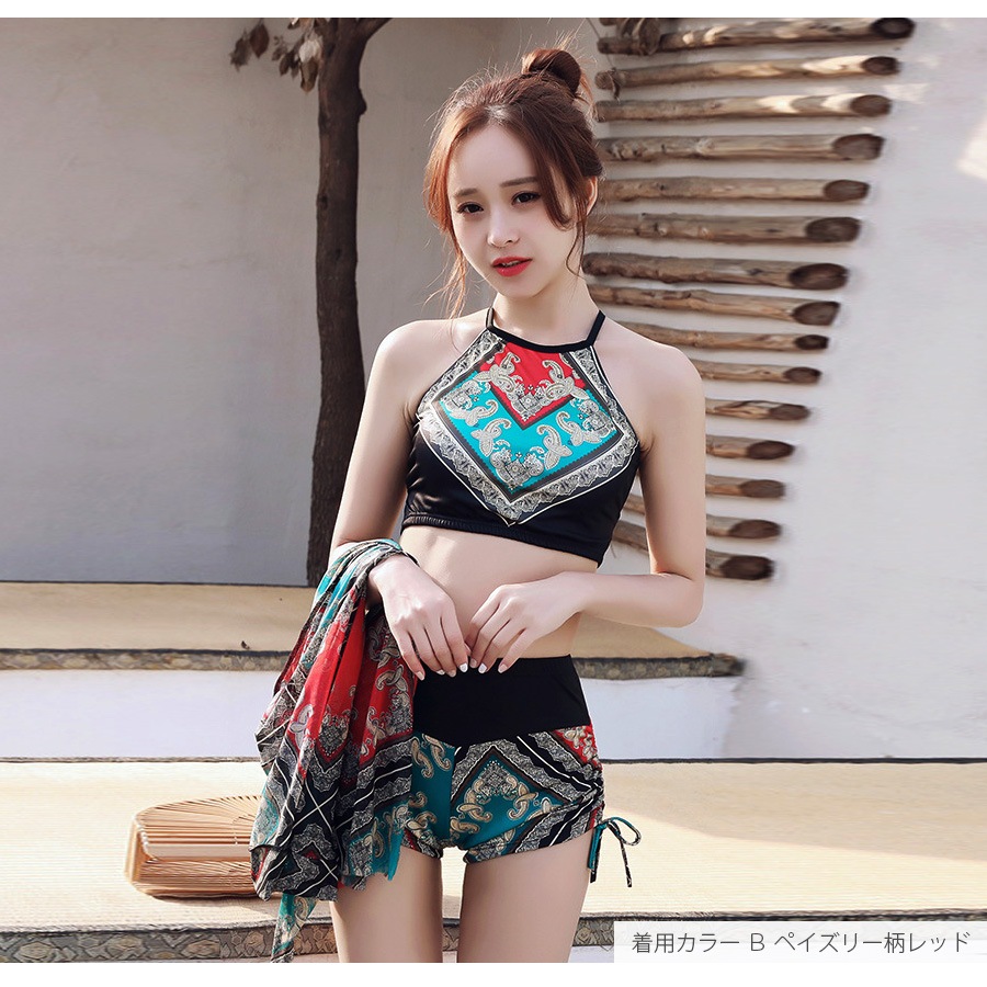 水着 体型カバー 韓国ファッション 夏 セクシー パレオ スカート キャミソール ショートパンツ ペイズリー柄 バッククロス 背中見せ パット付き カップ付き 大人 おしゃれ レディース 春 秋 新作 オレンジ レッド M L JOCOSA 9803