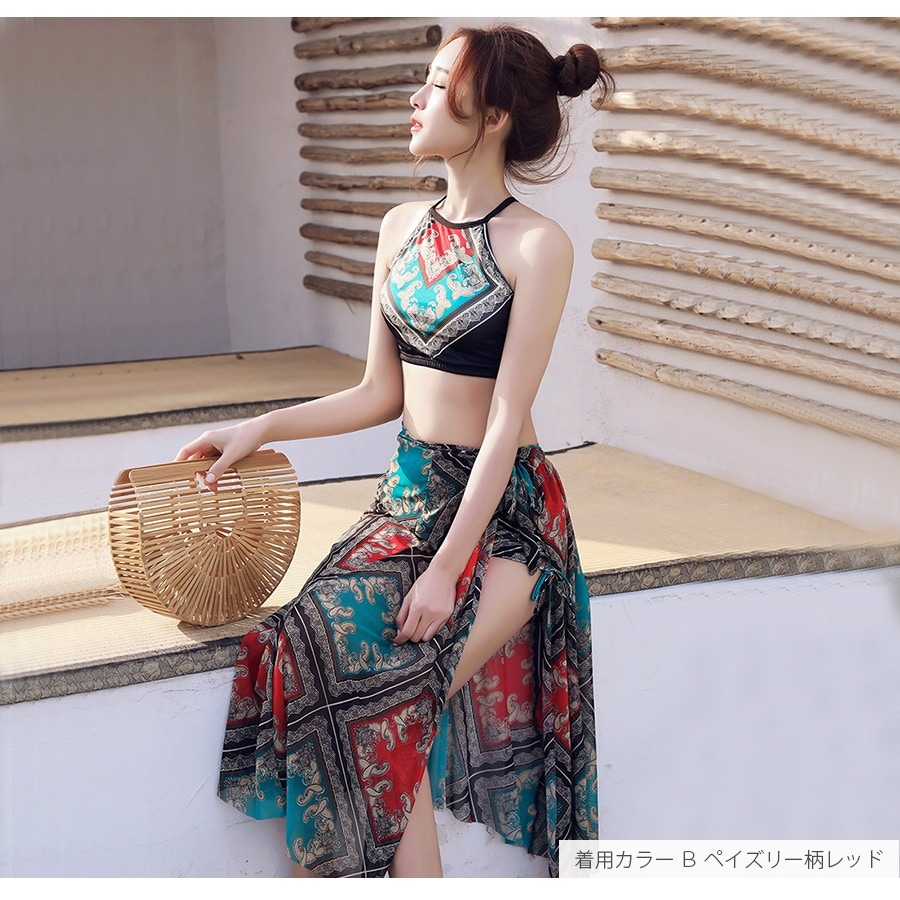 水着 体型カバー 韓国ファッション 夏 セクシー パレオ スカート キャミソール ショートパンツ ペイズリー柄 バッククロス 背中見せ パット付き カップ付き 大人 おしゃれ レディース 春 秋 新作 オレンジ レッド M L JOCOSA 9803