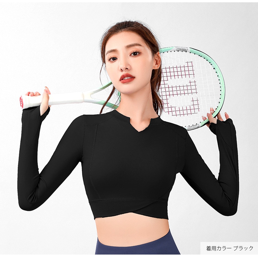 スポーツウェア トップス 長袖 指穴 ショート丈 キーネック フィットネス ヨガ レディース 無地 シンプル ライン 韓国ファッション 大人 かわいい おしゃれ シンプル ジム 春 夏 秋 ブラック ピンク グレー ブルー ネイビー パープル S M L JOCOSA 8757