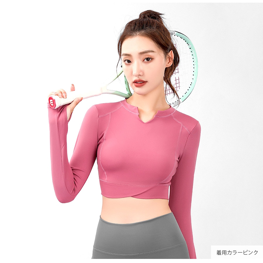 スポーツウェア トップス 長袖 指穴 ショート丈 キーネック フィットネス ヨガ レディース 無地 シンプル ライン 韓国ファッション 大人 かわいい おしゃれ シンプル ジム 春 夏 秋 ブラック ピンク グレー ブルー ネイビー パープル S M L JOCOSA 8757