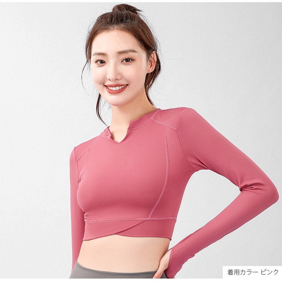 スポーツウェア トップス 長袖 指穴 ショート丈 キーネック フィットネス ヨガ レディース 無地 シンプル ライン 韓国ファッション 大人 かわいい おしゃれ シンプル ジム 春 夏 秋 ブラック ピンク グレー ブルー ネイビー パープル S M L JOCOSA 8757