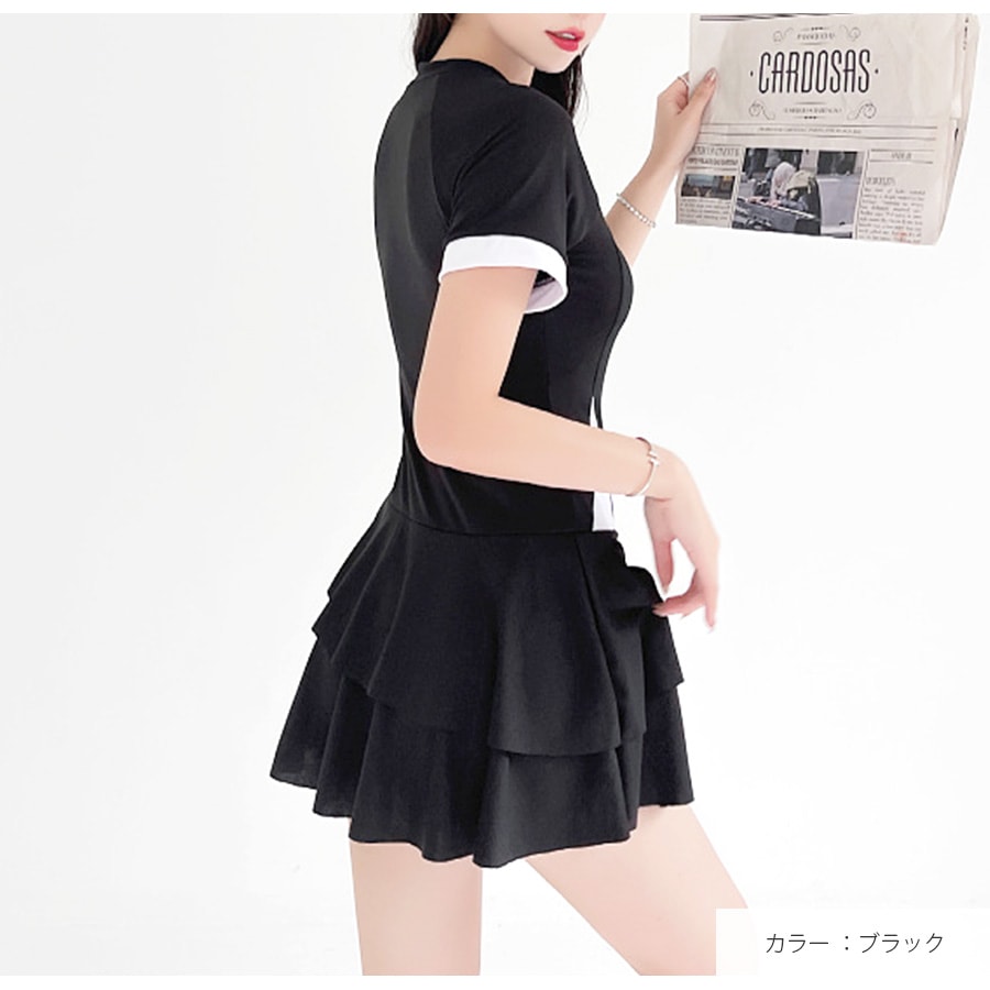 水着 ワンピース ロゴ ショート丈 半袖 体型カバー フリルスカート ファスナー パッド付き オールインワン レディース 春 夏 新作 ブラック グリーン M L XL JOCOSA 9816