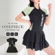 水着 ワンピース ロゴ ショート丈 半袖 体型カバー フリルスカート ファスナー パッド付き オールインワン レディース 春 夏 新作 ブラック グリーン M L XL JOCOSA 9816