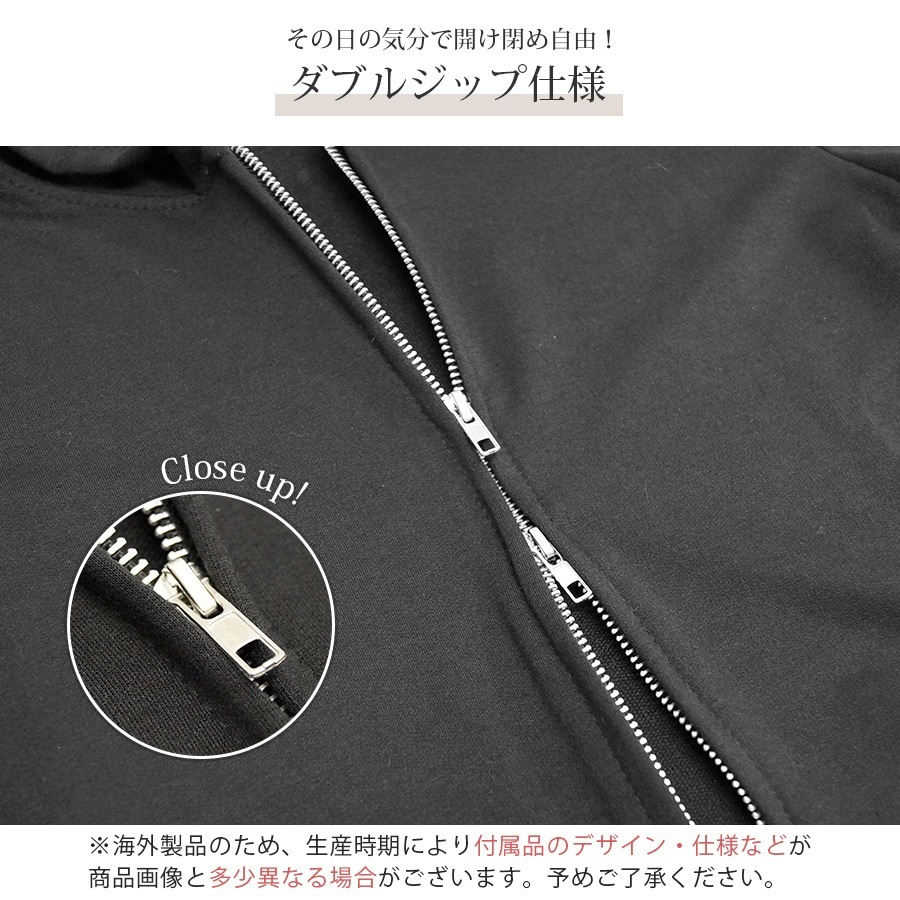 パーカー ショート丈 トップス フード ダブルジップ 無地 長袖 シンプル 春 秋 韓国ファッション レディース ブラック ホワイト グレー M L XL JOCOSA 9301