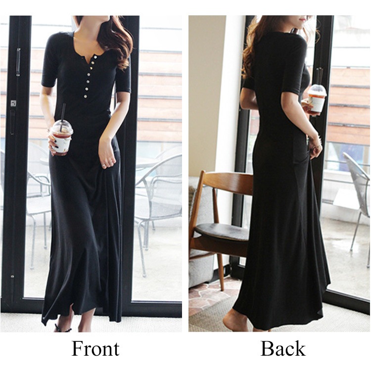 ワンピース レディース 春夏秋冬 半袖 ロング丈 前ボタン 膝下丈 フレア 裾ヘムライン シンプル 無地 カジュアル おしゃれ ルームウェア ブラック 黒 ネイビー JOCOSA 8273 送料無料 即納