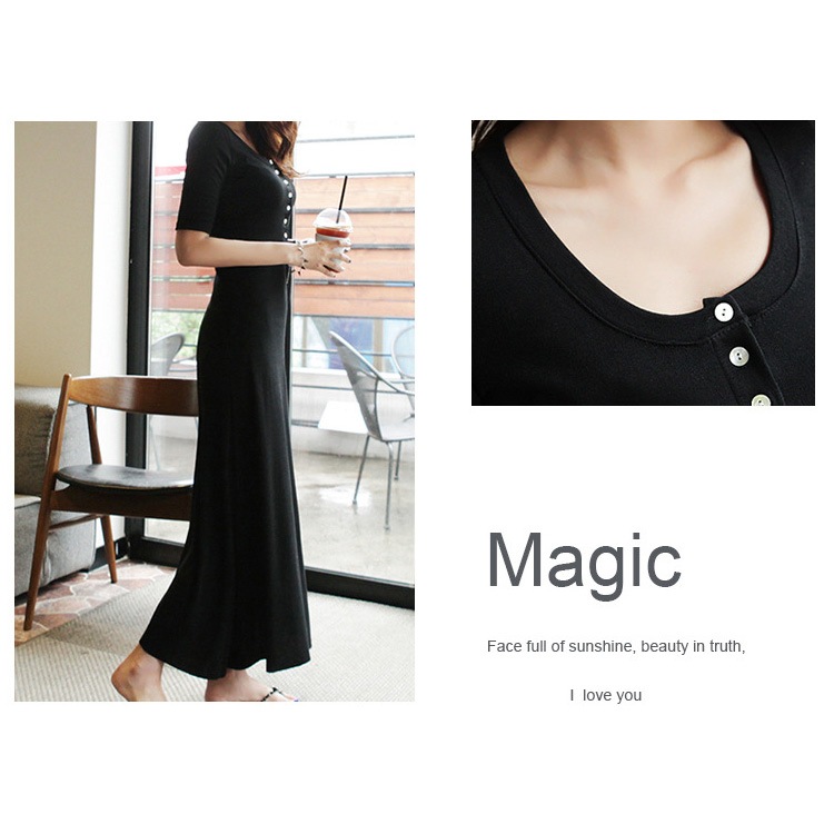 ワンピース レディース 春夏秋冬 半袖 ロング丈 前ボタン 膝下丈 フレア 裾ヘムライン シンプル 無地 カジュアル おしゃれ ルームウェア ブラック 黒 ネイビー JOCOSA 8273 送料無料 即納