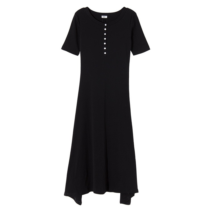 ワンピース レディース 春夏秋冬 半袖 ロング丈 前ボタン 膝下丈 フレア 裾ヘムライン シンプル 無地 カジュアル おしゃれ ルームウェア ブラック 黒 ネイビー JOCOSA 8273 送料無料 即納
