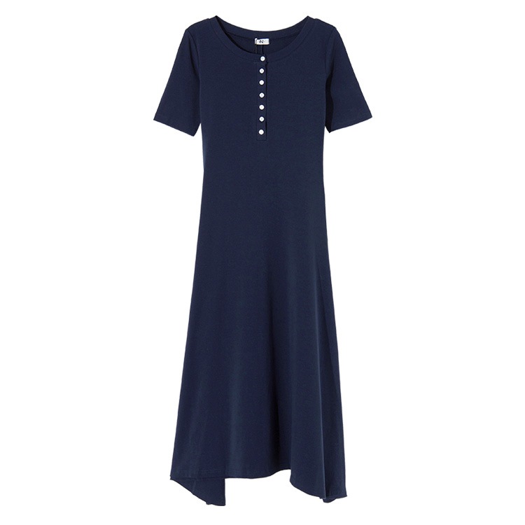 ワンピース レディース 春夏秋冬 半袖 ロング丈 前ボタン 膝下丈 フレア 裾ヘムライン シンプル 無地 カジュアル おしゃれ ルームウェア ブラック 黒 ネイビー JOCOSA 8273 送料無料 即納