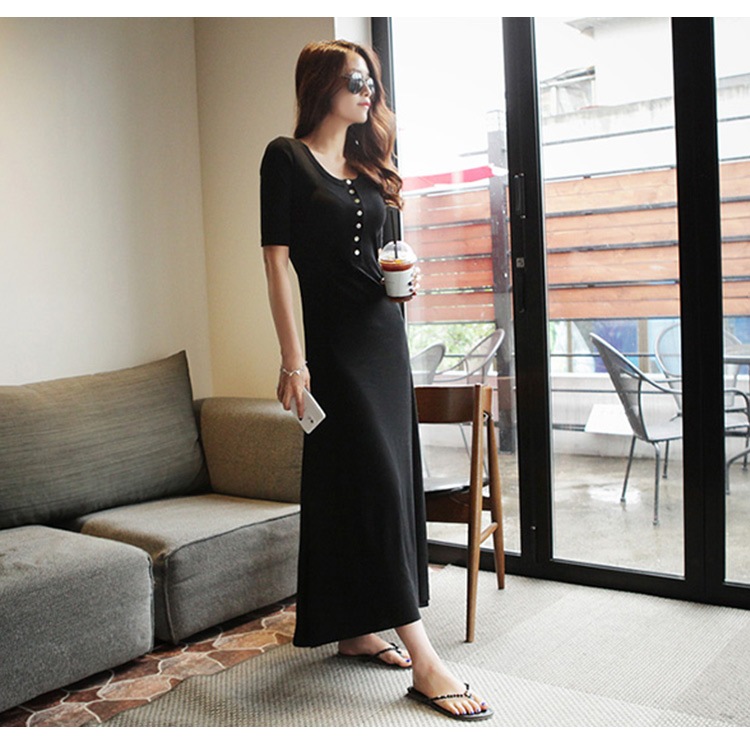 ワンピース レディース 春夏秋冬 半袖 ロング丈 前ボタン 膝下丈 フレア 裾ヘムライン シンプル 無地 カジュアル おしゃれ ルームウェア ブラック 黒 ネイビー JOCOSA 8273 送料無料 即納
