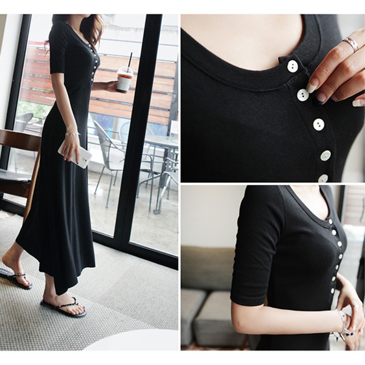 ワンピース レディース 春夏秋冬 半袖 ロング丈 前ボタン 膝下丈 フレア 裾ヘムライン シンプル 無地 カジュアル おしゃれ ルームウェア ブラック 黒 ネイビー JOCOSA 8273 送料無料 即納