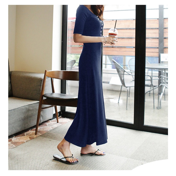 ワンピース レディース 春夏秋冬 半袖 ロング丈 前ボタン 膝下丈 フレア 裾ヘムライン シンプル 無地 カジュアル おしゃれ ルームウェア ブラック 黒 ネイビー JOCOSA 8273 送料無料 即納