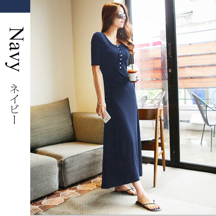 ワンピース レディース 春夏秋冬 半袖 ロング丈 前ボタン 膝下丈 フレア 裾ヘムライン シンプル 無地 カジュアル おしゃれ ルームウェア ブラック 黒 ネイビー JOCOSA 8273 送料無料 即納
