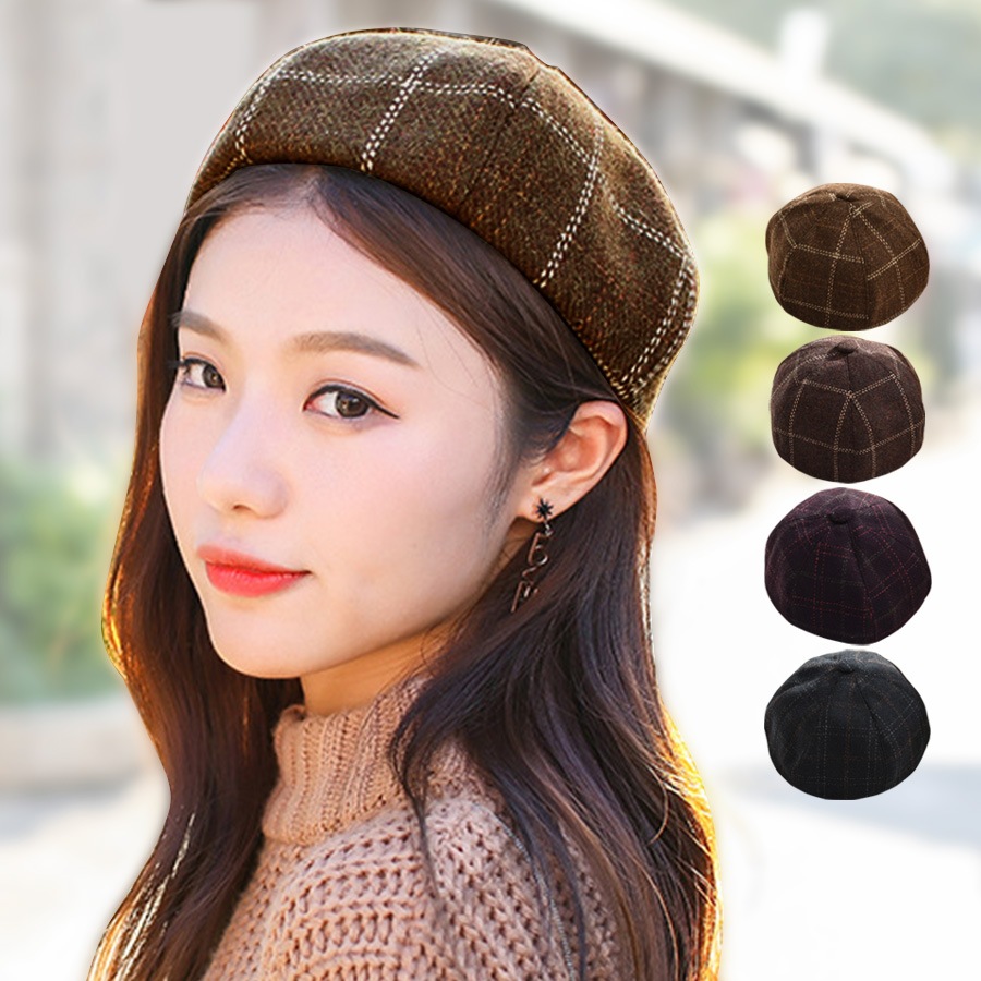 ベレー帽 チェック柄 チェック レディース ベレー 帽子 タイト 春 秋 冬 おしゃれ 大人 可愛い 韓国風 韓流 ブラウン 茶 ダークブラウン ワインレッド ネイビー JOCOSA 8479 即納 送料無料