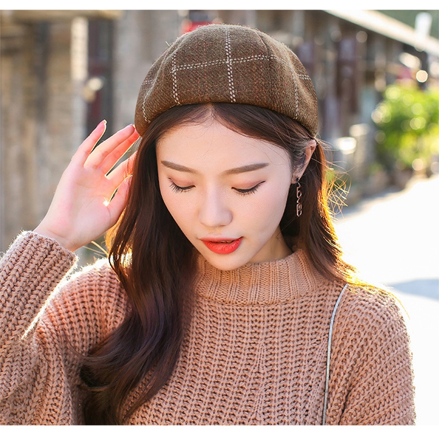 ベレー帽 チェック柄 チェック レディース ベレー 帽子 タイト 春 秋 冬 おしゃれ 大人 可愛い 韓国風 韓流 ブラウン 茶 ダークブラウン ワインレッド ネイビー JOCOSA 8479 即納 送料無料