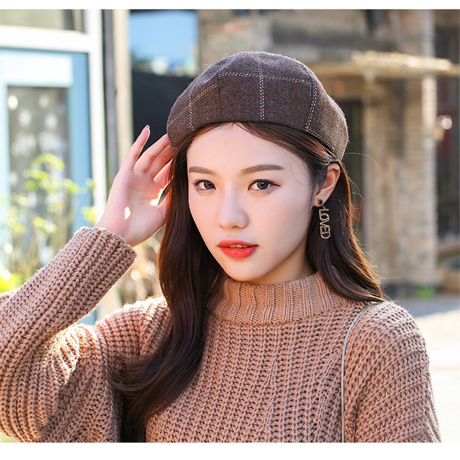 ベレー帽 チェック柄 チェック レディース ベレー 帽子 タイト 春 秋 冬 おしゃれ 大人 可愛い 韓国風 韓流 ブラウン 茶 ダークブラウン ワインレッド ネイビー JOCOSA 8479 即納 送料無料