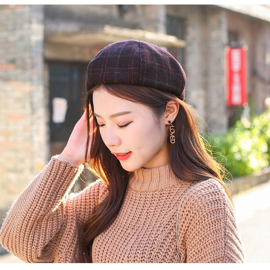 ベレー帽 チェック柄 チェック レディース ベレー 帽子 タイト 春 秋 冬 おしゃれ 大人 可愛い 韓国風 韓流 ブラウン 茶 ダークブラウン ワインレッド ネイビー JOCOSA 8479 即納 送料無料