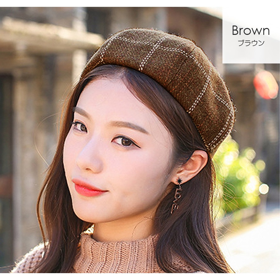 ベレー帽 チェック柄 チェック レディース ベレー 帽子 タイト 春 秋 冬 おしゃれ 大人 可愛い 韓国風 韓流 ブラウン 茶 ダークブラウン ワインレッド ネイビー JOCOSA 8479 即納 送料無料
