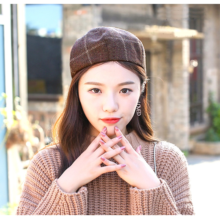 ベレー帽 チェック柄 チェック レディース ベレー 帽子 タイト 春 秋 冬 おしゃれ 大人 可愛い 韓国風 韓流 ブラウン 茶 ダークブラウン ワインレッド ネイビー JOCOSA 8479 即納 送料無料