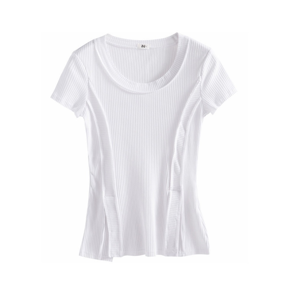 トップス レディース 半袖 春 夏 リブ Tシャツ カットソー スリット タイト 薄手 カジュアル ブラック ホワイト 黒 白 JOCOSA 8956 送料無料 即納
