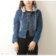 デニムジャケット ショート丈 アウター Gジャン フード付き 長袖 シンプル 春 秋 韓国ファッション レディース ブルー ネイビー S M L JOCOSA 9302