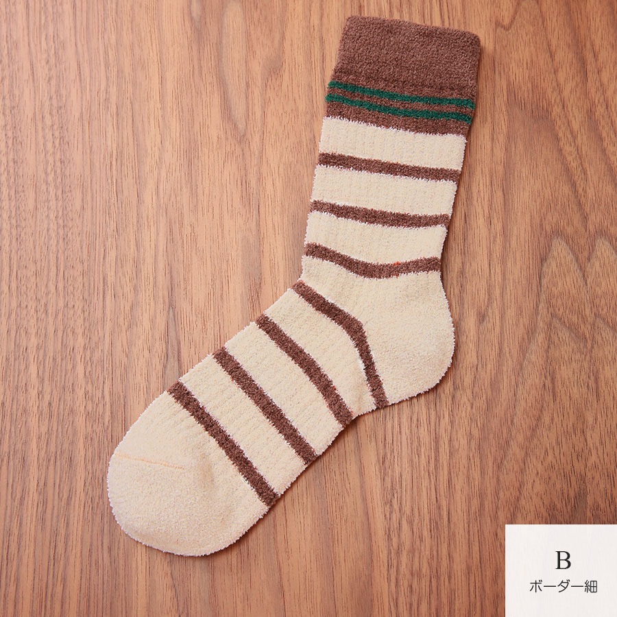 靴下 ソックス もこもこ ボーダー ロゴ 厚手 3足セット ランダム あったか レディース 春 秋 冬 アイボリー ブラウン グリーン 新作 フリーサイズ JOCOSA 9446