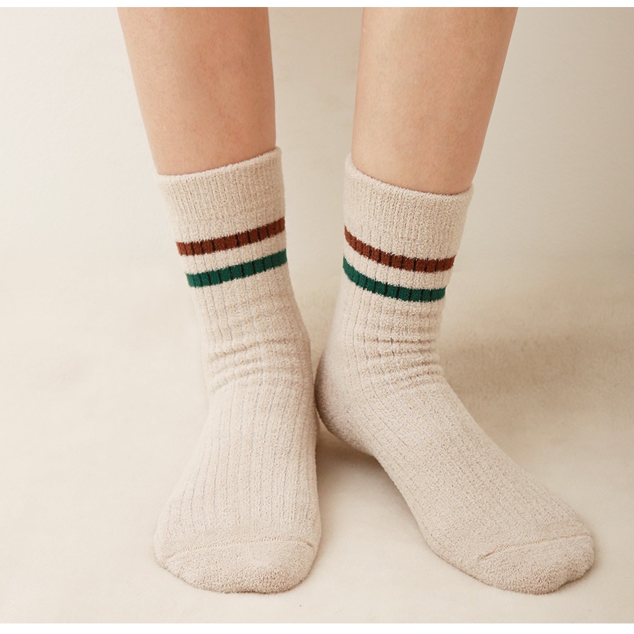靴下 ソックス もこもこ ボーダー ロゴ 厚手 3足セット ランダム あったか レディース 春 秋 冬 アイボリー ブラウン グリーン 新作 フリーサイズ JOCOSA 9446