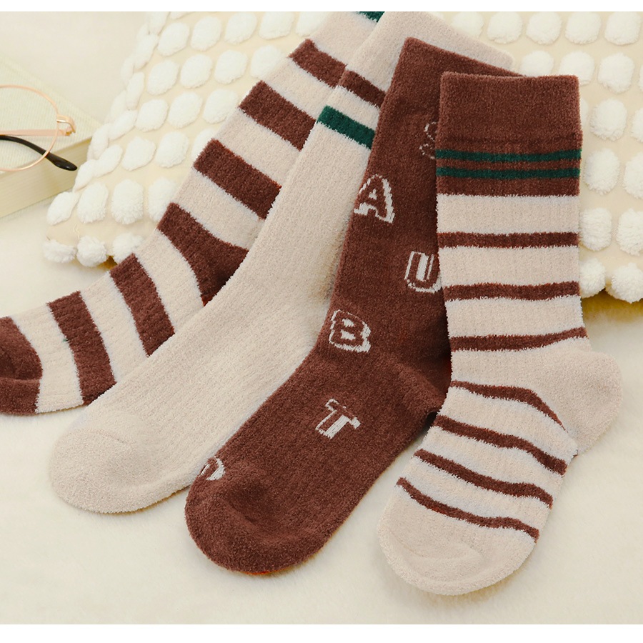 靴下 ソックス もこもこ ボーダー ロゴ 厚手 3足セット ランダム あったか レディース 春 秋 冬 アイボリー ブラウン グリーン 新作 フリーサイズ JOCOSA 9446