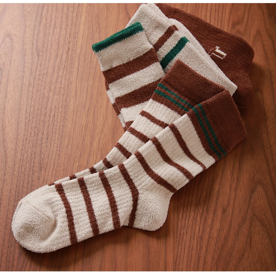 靴下 ソックス もこもこ ボーダー ロゴ 厚手 3足セット ランダム あったか レディース 春 秋 冬 アイボリー ブラウン グリーン 新作 フリーサイズ JOCOSA 9446