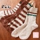 靴下 ソックス もこもこ ボーダー ロゴ 厚手 3足セット ランダム あったか レディース 春 秋 冬 アイボリー ブラウン グリーン 新作 フリーサイズ JOCOSA 9446