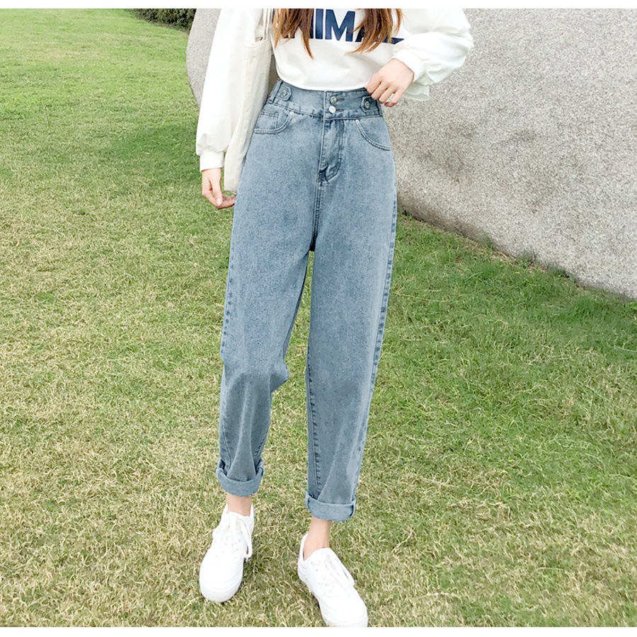 デニムパンツ ハイウエスト テーパード 飾り ボタン ハイライズ デニム ロング丈 スリム ストレート ジーパン ジーンズ ポケット カジュアル シンプル 無地 ストリート 韓国ファッション レディース 新作 春 夏 秋 冬 ブルー S M L XL JOCOSA 9109