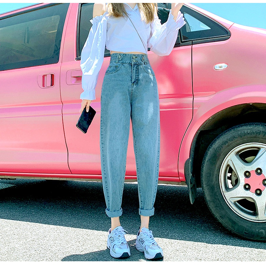 デニムパンツ ハイウエスト テーパード 飾り ボタン ハイライズ デニム ロング丈 スリム ストレート ジーパン ジーンズ ポケット カジュアル シンプル 無地 ストリート 韓国ファッション レディース 新作 春 夏 秋 冬 ブルー S M L XL JOCOSA 9109