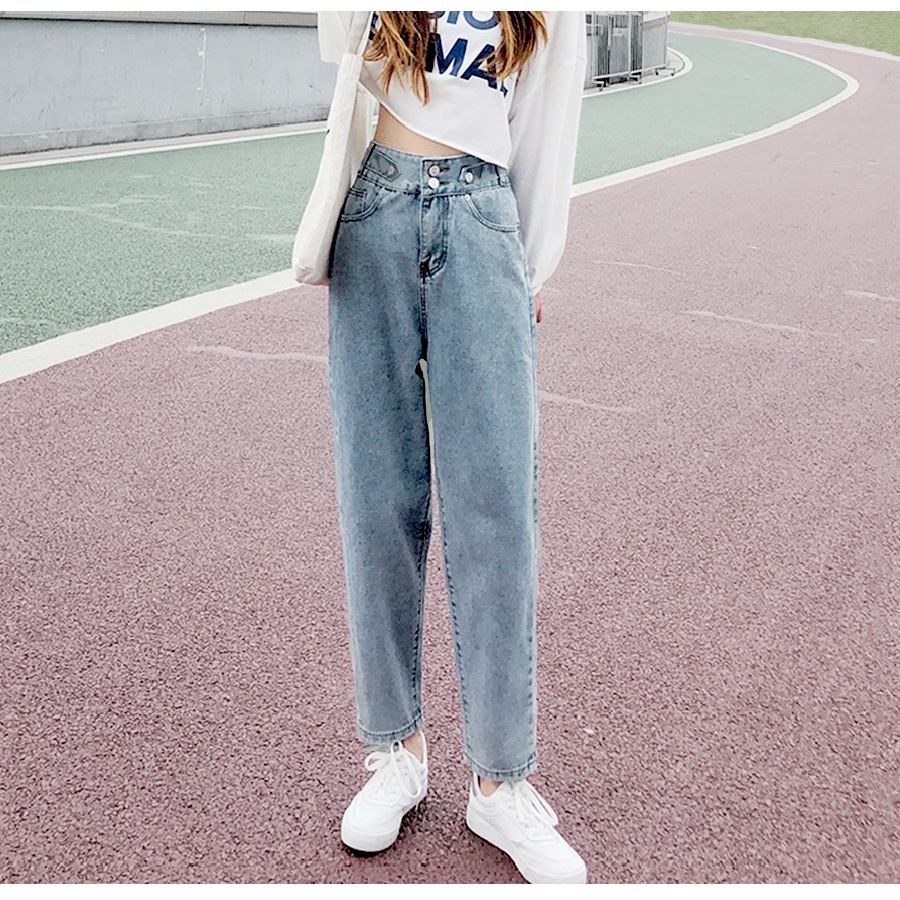 デニムパンツ ハイウエスト テーパード 飾り ボタン ハイライズ デニム ロング丈 スリム ストレート ジーパン ジーンズ ポケット カジュアル シンプル 無地 ストリート 韓国ファッション レディース 新作 春 夏 秋 冬 ブルー S M L XL JOCOSA 9109