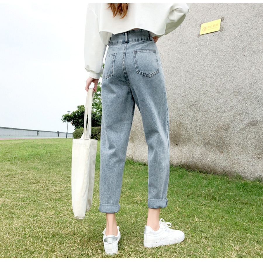 デニムパンツ ハイウエスト テーパード 飾り ボタン ハイライズ デニム ロング丈 スリム ストレート ジーパン ジーンズ ポケット カジュアル シンプル 無地 ストリート 韓国ファッション レディース 新作 春 夏 秋 冬 ブルー S M L XL JOCOSA 9109