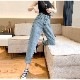 デニムパンツ ハイウエスト テーパード 飾り ボタン ハイライズ デニム ロング丈 スリム ストレート ジーパン ジーンズ ポケット カジュアル シンプル 無地 ストリート 韓国ファッション レディース 新作 春 夏 秋 冬 ブルー S M L XL JOCOSA 9109
