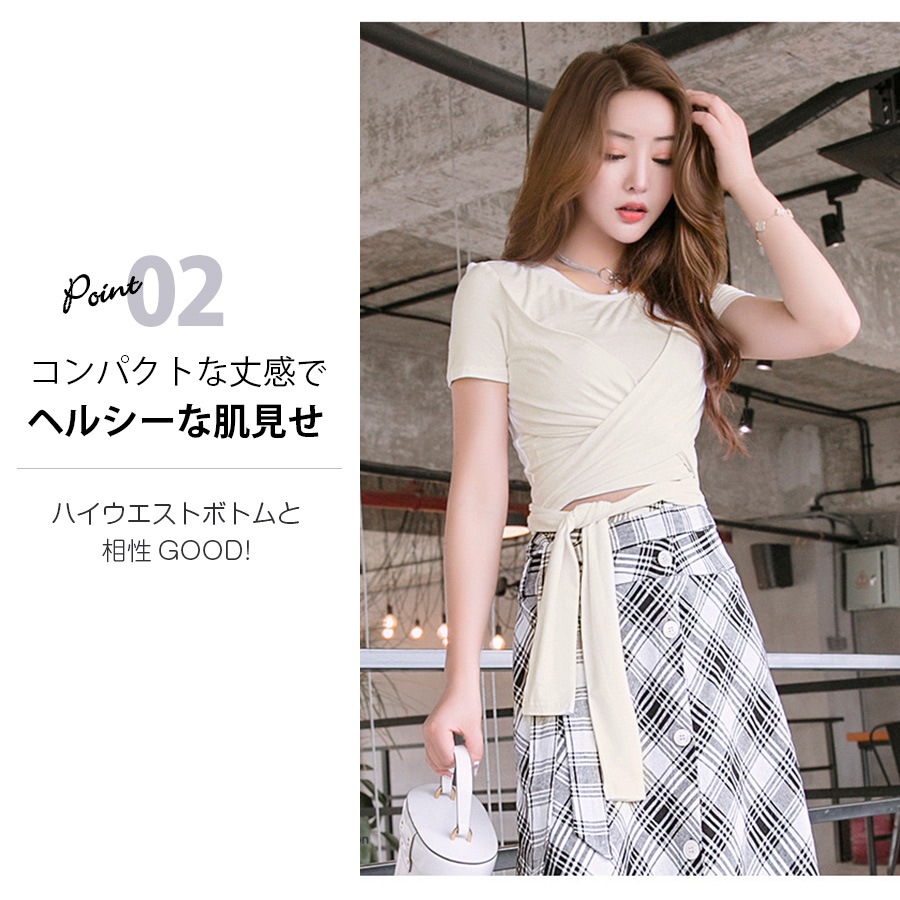 Ｔシャツ レディース 半袖 リボン フロントクロス へそ出し 2WAY ショート丈 春 夏 トップス 無地 綿 セクシー コットンカットソー 薄手 カジュアル ブラック ホワイト 黒 白 JOCOSA 8963 送料無料 即納