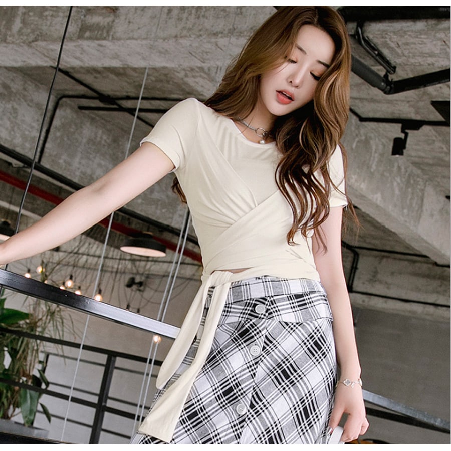 Tシャツ レディース 半袖 リボン フロントクロス へそ出し 2WAY