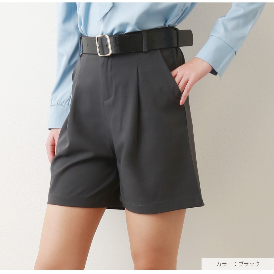 ショートパンツ タック ボトムス ボタン ポケット 韓国ファッション レディース 新作 春 夏 秋 ブラック グレー S M L JOCOSA 9134