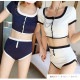 水着 上下2点セット 体型カバー ハイウエスト バイカラー パッド付き 半袖 セパレート 大人 シンプル おしゃれ レディース 夏 ホワイト ネイビー M L XL JOCOSA 9821