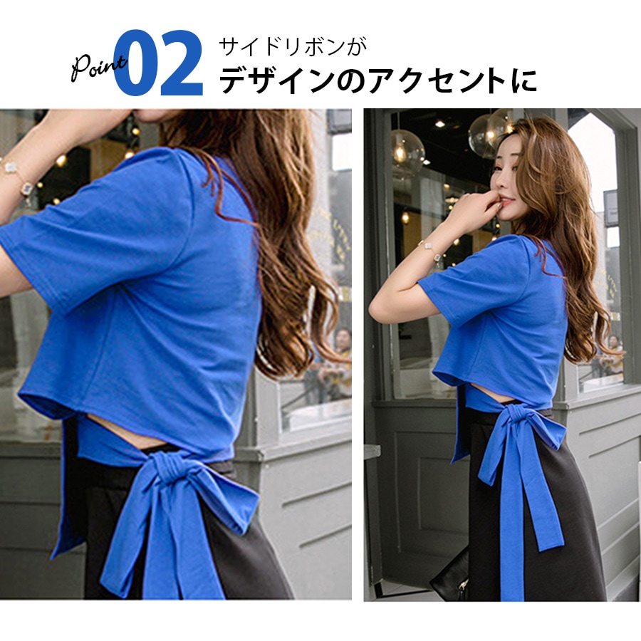 Tシャツ レディース 半袖 リボン アシンメトリー サイド開き 肌見せ 春 夏 トップス 無地 綿 セクシー コットン カットソー 薄手 カジュアル ブラック ホワイト ブルー黒 白 青 JOCOSA 8964 送料無料 即納