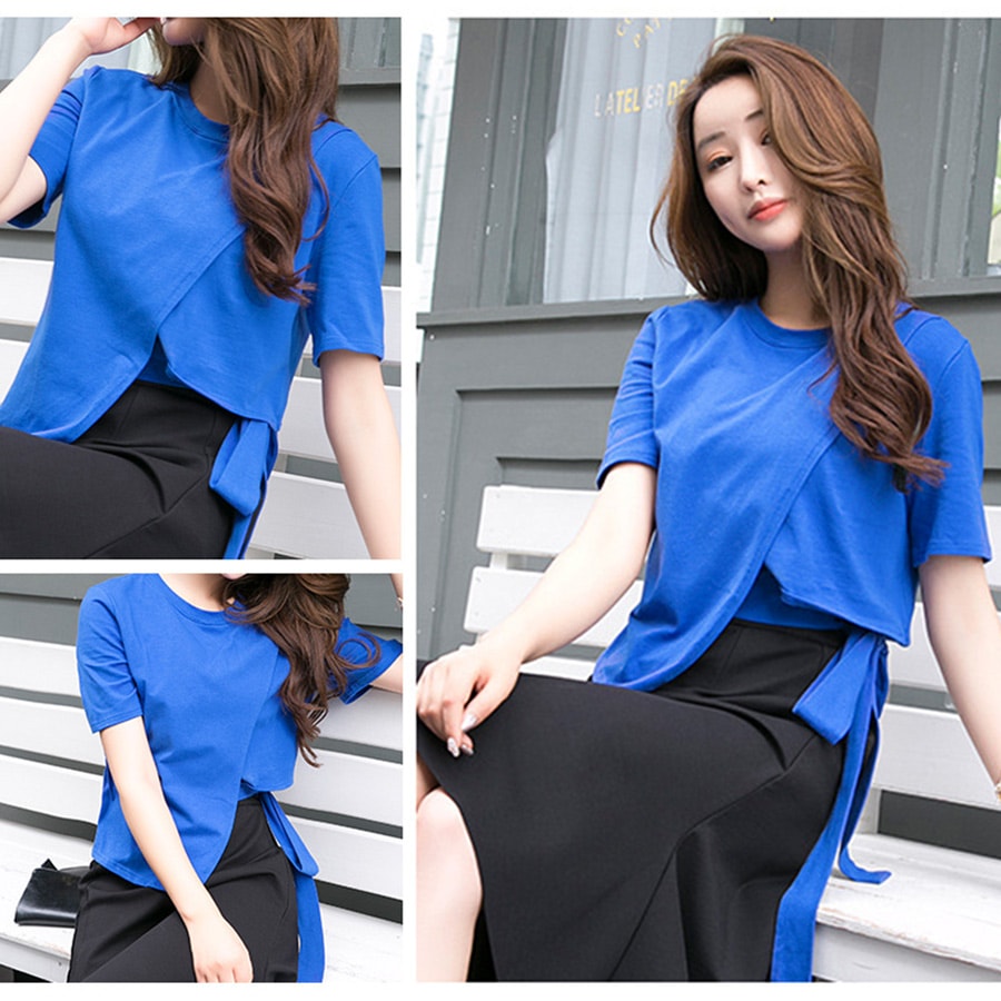 Tシャツ レディース 半袖 リボン アシンメトリー サイド開き 肌見せ 春 夏 トップス 無地 綿 セクシー コットン カットソー 薄手 カジュアル ブラック ホワイト ブルー黒 白 青 JOCOSA 8964 送料無料 即納