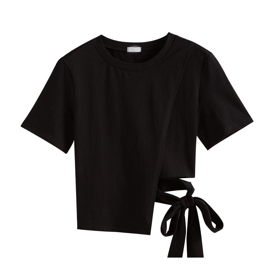 Tシャツ レディース 半袖 リボン アシンメトリー サイド開き 肌見せ 春 夏 トップス 無地 綿 セクシー コットン カットソー 薄手 カジュアル ブラック ホワイト ブルー黒 白 青 JOCOSA 8964 送料無料 即納