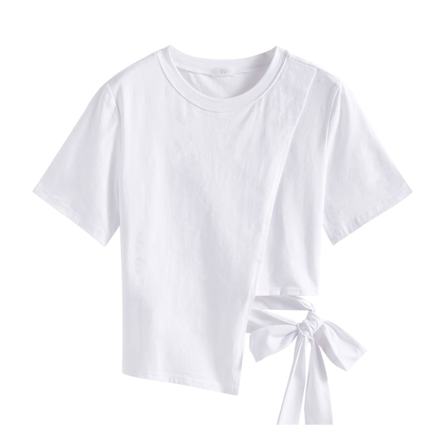 Tシャツ レディース 半袖 リボン アシンメトリー サイド開き 肌見せ 春 夏 トップス 無地 綿 セクシー コットン カットソー 薄手 カジュアル ブラック ホワイト ブルー黒 白 青 JOCOSA 8964 送料無料 即納