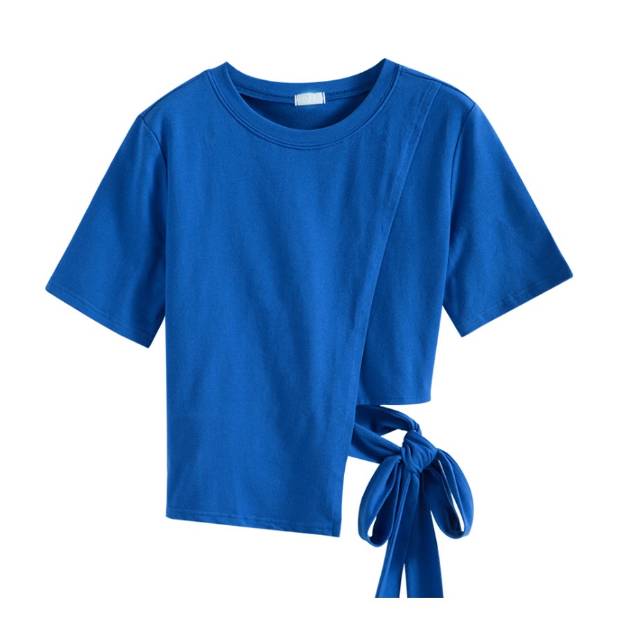 Tシャツ レディース 半袖 リボン アシンメトリー サイド開き 肌見せ 春 夏 トップス 無地 綿 セクシー コットン カットソー 薄手 カジュアル ブラック ホワイト ブルー黒 白 青 JOCOSA 8964 送料無料 即納