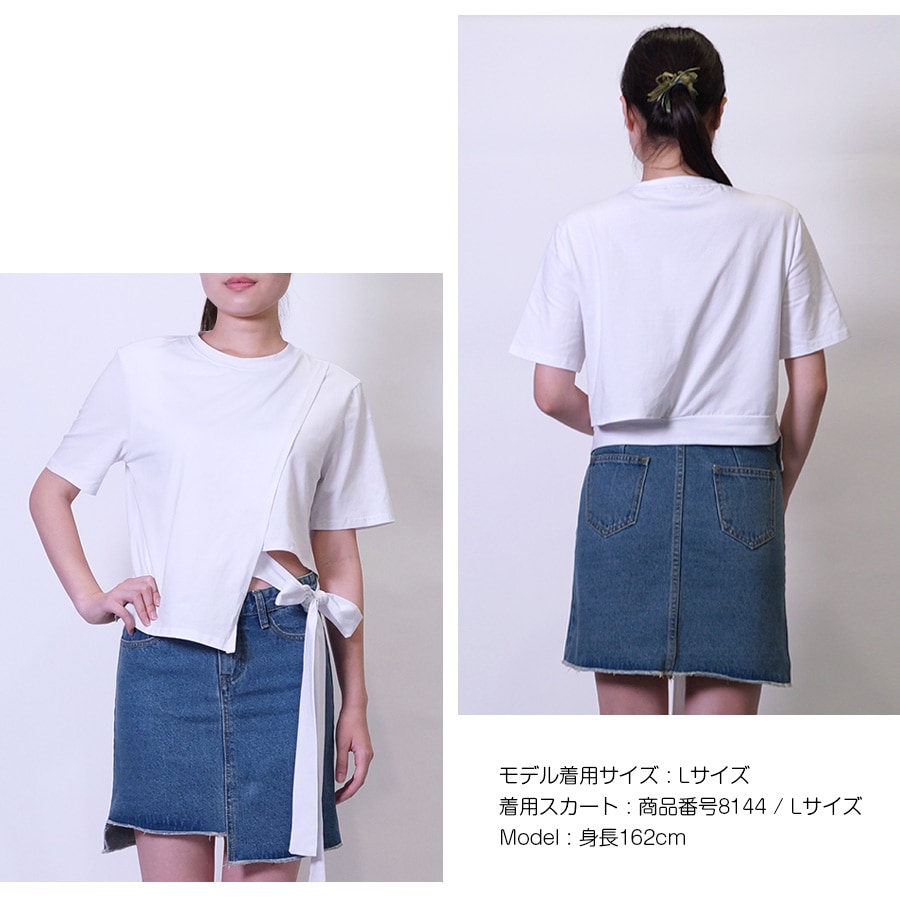 Tシャツ レディース 半袖 リボン アシンメトリー サイド開き 肌見せ 春 夏 トップス 無地 綿 セクシー コットン カットソー 薄手 カジュアル ブラック ホワイト ブルー黒 白 青 JOCOSA 8964 送料無料 即納