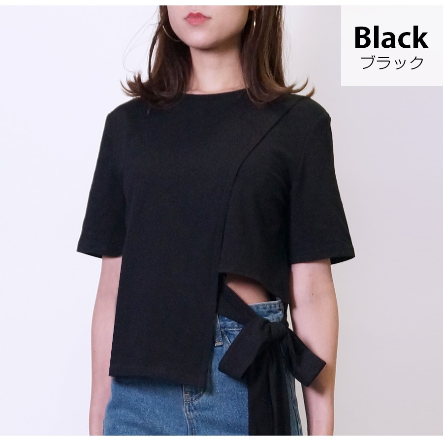 Tシャツ レディース 半袖 リボン アシンメトリー サイド開き 肌見せ 春 夏 トップス 無地 綿 セクシー コットン カットソー 薄手 カジュアル ブラック ホワイト ブルー黒 白 青 JOCOSA 8964 送料無料 即納