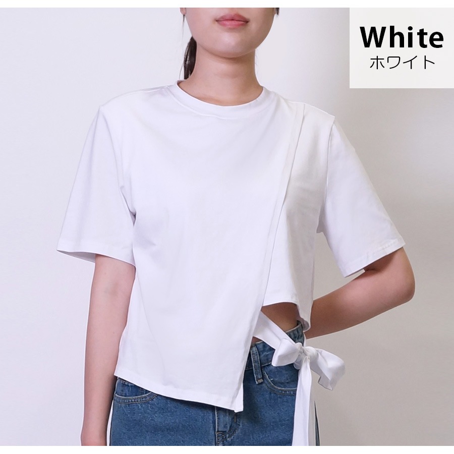 Tシャツ レディース 半袖 リボン アシンメトリー サイド開き 肌見せ 春 夏 トップス 無地 綿 セクシー コットン カットソー 薄手 カジュアル ブラック ホワイト ブルー黒 白 青 JOCOSA 8964 送料無料 即納